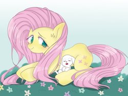 Size: 4000x3000 | Tagged: safe, artist:770nanao15, angel bunny, fluttershy, pegasus, pony, g4, female, flower, looking at something, looking at you, looking sideways, mare, prone, sleeping, smiling