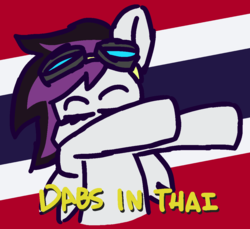 Size: 1080x990 | Tagged: safe, artist:threetwotwo32232, oc, oc only, oc:scribble, pegasus, pony, dab, female, goggles, mare, solo, text, thailand