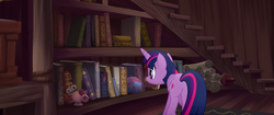 Size: 1920x804 | Tagged: safe, screencap, twilight sparkle, alicorn, mouse, pony, g4, my little pony: the movie, ball, book, bookshelf, butt, capper's house, carpet, cat toy, female, mare, plot, rug, scroll, solo, staircase, stairs, string, toy, twilight sparkle (alicorn), wind up key, yarn, yarn ball