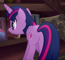 Size: 539x499 | Tagged: safe, screencap, twilight sparkle, alicorn, pony, g4, my little pony: the movie, book, bookshelf, butt, cropped, female, plot, solo, that pony sure does love books, twilight sparkle (alicorn)