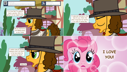 Size: 2564x1444 | Tagged: safe, artist:hakunohamikage, cheese sandwich, pinkie pie, pony, ask-princesssparkle, g4, ask, clothes, female, hat, male, saddle, ship:cheesepie, shipping, straight, tack, the pony with no name, tumblr