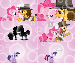 Size: 2564x2168 | Tagged: safe, artist:hakunohamikage, cheese sandwich, pinkie pie, twilight sparkle, alicorn, pony, ask-princesssparkle, g4, ask, clothes, female, fourth wall, hat, high res, implied kissing, kissing, male, saddle, shadow, ship:cheesepie, shipping, silhouette, straight, tack, the pony with no name, tumblr, twilight sparkle (alicorn)
