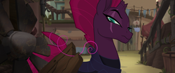 Size: 1920x804 | Tagged: safe, screencap, tempest shadow, pony, unicorn, g4, my little pony: the movie, armor, broken horn, confident, eye scar, female, hair, horn, implied pinkie pie, klugetown, looking down, mare, mohawk, raised eyebrow, scar, solo, suspicious
