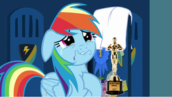 Size: 1280x722 | Tagged: safe, edit, edited screencap, screencap, rainbow dash, g4, parental glideance, abuse, dashabuse, downvote bait, lies, op is a duck, op is trying to start shit, oscar, sad, worst pony