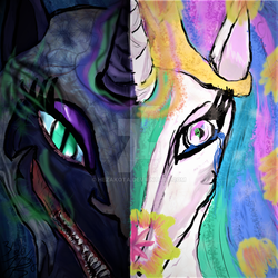 Size: 1024x1024 | Tagged: safe, artist:hezakota, nightmare moon, princess celestia, g4, duality, split screen