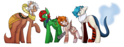 Size: 1311x500 | Tagged: safe, artist:derpydinosaurus, oc, oc only, oc:bismuth, oc:kyllian, oc:lucky paint, oc:sphintus, simple background, transparent background