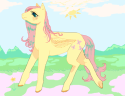 Size: 688x528 | Tagged: safe, artist:godlydescentufo, fluttershy, pegasus, pony, g4, cloud, colored hooves, female, mare, mountain, sky, solo, spring, sun, underhoof
