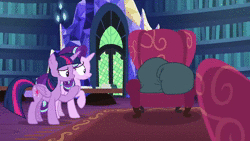 Size: 1280x720 | Tagged: safe, screencap, rarity, starlight glimmer, twilight sparkle, alicorn, pony, unicorn, g4, it isn't the mane thing about you, animated, book, bookshelf, chair, comforting, female, sound, twilight sparkle (alicorn), twilight's castle, twilight's castle library, webm
