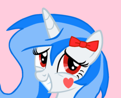 Size: 946x764 | Tagged: safe, artist:gempainter32, oc, oc only, oc:diamond nella, pony, unicorn, base used, blue mane, bow, bust, cute, female, grin, hair bow, heart, horn, mare, nervous, nervous smile, ocbetes, pink background, red eyes, show accurate, simple background, smiling, squee