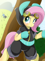 Size: 900x1200 | Tagged: safe, artist:umejiru, fluttershy, trixie, pegasus, pony, unicorn, g4, magic duel, bipedal, blushing, bunny ears, clothes, costume, crying, dangerous mission outfit, duo, female, goggles, hiding, hoodie, looking at something, looking away, mare, solo focus, under the tree