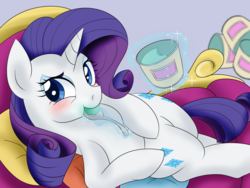 Size: 1200x900 | Tagged: safe, artist:umejiru, rarity, pony, unicorn, g4, eating, fainting couch, female, food, ice cream, looking at you, magic, mare, marshmelodrama, solo, spoon, wip