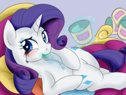 Size: 1200x900 | Tagged: safe, alternate version, artist:umejiru, rarity, pony, unicorn, g4, comfort eating, crying, eating, fainting couch, female, food, ice cream, looking at you, makeup, mare, marshmelodrama, mascara, mascarity, running makeup, solo, spoon