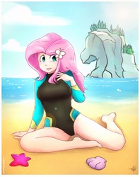 Size: 1586x2000 | Tagged: safe, artist:oyedraws, fluttershy, equestria girls, equestria girls series, forgotten friendship, g4, barefoot, beach, breasts, busty fluttershy, clothes, feet, female, fluttershy's wetsuit, human coloration, ocean, one-piece swimsuit, rock horse, sand, solo, swimsuit, wetsuit