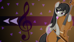 Size: 3840x2160 | Tagged: safe, artist:alexpony, artist:laszlvfx, edit, octavia melody, earth pony, pony, g4, bow (instrument), cello, cello bow, female, high res, mare, musical instrument, necktie, request, solo, wallpaper, wallpaper edit