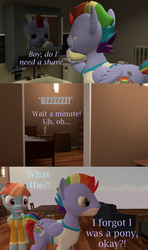 Size: 1280x2160 | Tagged: safe, artist:red4567, bow hothoof, windy whistles, pegasus, pony, g4, 3d, clothes, comic, garfield, male, mirror, oops, ouch, ponified, shaved, shirt, source filmmaker