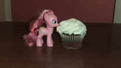 Size: 4288x2416 | Tagged: safe, pinkie pie, g4, brushable, cupcake, desk, door, food, frosting, irl, photo, solo, toy