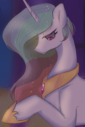 Size: 2000x3000 | Tagged: safe, artist:dilandau203, princess celestia, alicorn, pony, g4, female, gem, high res, horn, looking down, mare, melancholy, profile, raised hoof, sad, solo, wings