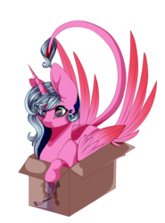 Size: 1117x1513 | Tagged: safe, artist:symphstudio, oc, oc:color streak, oc:symphony diamond, alicorn, pony, unicorn, box, female, mare, pony in a box, prone, simple background, transparent background