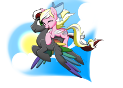 Size: 2100x1500 | Tagged: safe, artist:crazyazzy180, oc, oc only, oc:bay breeze, oc:mahx, pegasus, pony, bahx, bandage, cloud, couple, cute, eyes closed, female, flying, happy, injured wing, male, oc x oc, piggyback ride, riding, shipping, smiling, straight, sun