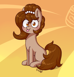 Size: 1536x1600 | Tagged: safe, artist:dsp2003, oc, oc only, oc:brownie bun, earth pony, pony, :p, abstract background, blushing, chest fluff, cute, dsp2003 is trying to murder us, ear fluff, female, food, hnnng, i can't believe it's not wafflecakes, looking at you, mare, ocbetes, peanut butter, signature, silly, sitting, solo, style emulation, tongue out, weapons-grade cute