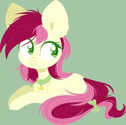 Size: 2174x2160 | Tagged: safe, artist:belka-sempai, roseluck, earth pony, pony, g4, bow, chest fluff, collar, commissioner:doom9454, cute, digital art, ear fluff, female, fluffy, green background, heart eyes, high res, hooves, lineless, looking sideways, lying, lying down, mare, missing cutie mark, pet tag, pony pet, prone, rosepet, simple background, smiling, solo, tail bow, wingding eyes