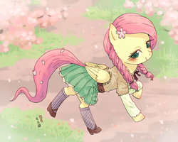Size: 1252x1000 | Tagged: safe, artist:yanamosuda, fluttershy, pegasus, pony, g4, braid, clothes, cute, female, mare, mary janes, pigtails, pleated skirt, school uniform, shoes, shyabetes, skirt, smiling, socks, solo