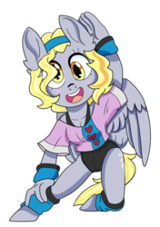 Size: 897x1271 | Tagged: safe, artist:dbkit, derpy hooves, pegasus, anthro, unguligrade anthro, g4, alternate hairstyle, clothes, cute, derpabetes, female, leotard, mare, shirt, simple background, solo, t-shirt, transparent background, workout outfit