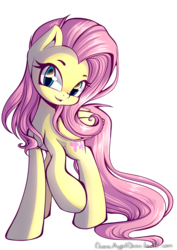 Size: 1000x1414 | Tagged: safe, artist:chaosangeldesu, part of a set, fluttershy, pegasus, pony, g4, bedroom eyes, cute, female, folded wings, head tilt, looking at you, mare, raised hoof, shyabetes, simple background, smiling, solo, transparent background, wings