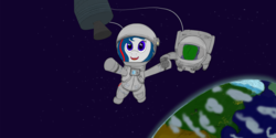 Size: 1500x750 | Tagged: safe, artist:phidaazn, oc, oc:anon, oc:nasapone, earth pony, astronaut, earth, smiling, space, spacesuit