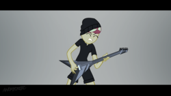 Size: 1280x720 | Tagged: safe, artist:ngrycritic, sunset shimmer, equestria girls, g4, beanie, clothes, electric guitar, eyes closed, female, gritted teeth, guitar, hat, jonathan young, musical instrument, shirt, simple background, solo