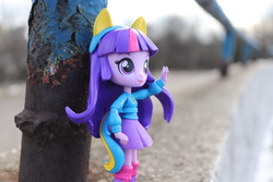 Size: 6000x4000 | Tagged: safe, artist:artofmagicpoland, twilight sparkle, equestria girls, g4, cheering, clothes, doll, equestria girls minis, female, irl, leg warmers, offscreen character, photo, photography, skirt, solo, sweater, toy