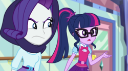 Size: 1280x718 | Tagged: safe, edit, screencap, rarity, sci-twi, twilight sparkle, equestria girls, equestria girls specials, g4, my little pony equestria girls: dance magic, angry, crystal prep academy, door