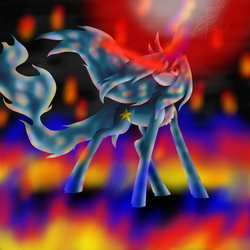 Size: 5800x5800 | Tagged: safe, artist:florarena-kitasatina/dragonborne fox, pony, unicorn, absurd resolution, alternate cutie mark, crossover, female, fire, flowing mane, glowing eyes, glowing eyes of doom, now you fucked up, pastel, ponified, rainbow eyes, sinister smile, solo, starbreaker (sora), staring into your soul, torn ear, watermark, wide eyes