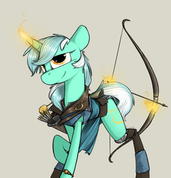 Size: 1150x1200 | Tagged: safe, artist:sinrar, lyra heartstrings, pony, unicorn, g4, archer, archery, arrow, bow (weapon), bow and arrow, bracelet, clothes, female, glowing horn, gray background, hand, horn, jewelry, lyre, magic, magic hands, mare, raised hoof, saddle bag, simple background, smiling, solo, telekinesis, weapon