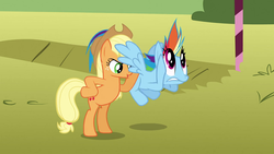 Size: 1280x720 | Tagged: safe, screencap, applejack, rainbow dash, pony, fall weather friends, g4, season 1, duo, great moments in animation, smear frame