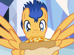 Size: 2000x1500 | Tagged: safe, artist:badumsquish, derpibooru exclusive, flash sentry, human, pegasus, pony, g4, chubby cheeks, crystal empire, cute, diasentres, eating, feeding, flashlove, food, hand, happy, male, offscreen character, pizza, pov, show accurate, solo, spread wings, stallion, want, wings
