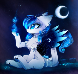 Size: 2093x1974 | Tagged: safe, artist:magnaluna, oc, oc only, oc:polaris, cat, cat pony, original species, cheek fluff, chest fluff, colored pupils, colored wings, ear fluff, ethereal mane, fusion, galaxy mane, gradient wings, leg fluff, magic, moon, night, paw pads, paws, sitting, solo, starry eyes, wingding eyes