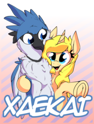 Size: 1284x1680 | Tagged: safe, artist:lux, oc, oc only, oc:annabelle (zizzydizzymc), oc:lafiri, bird, blue jay, griffon, armpits, badge, bluejay griffon, con badge, cute, text