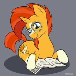 Size: 1000x1000 | Tagged: safe, artist:empyu, sunburst, pony, unicorn, g4, book, glasses, male, photo, prone, simple background, smiling, solo, stallion