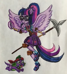 Size: 2540x2792 | Tagged: safe, artist:bozzerkazooers, sci-twi, spike, spike the regular dog, twilight sparkle, dog, equestria girls, g4, my little pony equestria girls: better together, duo, high res, ninja, spear, traditional art, weapon