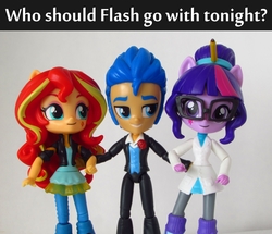 Size: 1008x868 | Tagged: safe, artist:whatthehell!?, flash sentry, sci-twi, sunset shimmer, twilight sparkle, equestria girls, g4, boots, clothes, doll, dress, equestria girls minis, female, irl, jacket, male, pair, pencil, photo, sciflashimmer, ship:flashimmer, ship:flashlight, ship:sci-flash, shipping, shoes, straight, toy, tuxedo