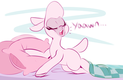 Size: 2167x1413 | Tagged: safe, artist:graphene, pom (tfh), lamb, sheep, them's fightin' herds, adorapom, bed, community related, cute, eyes closed, female, open mouth, pillow, solo, yawn