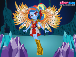 Size: 800x600 | Tagged: safe, artist:user15432, rainbow dash, equestria girls, g4, my little pony equestria girls: legend of everfree, boots, bracelet, clothes, colored wings, crystal guardian, crystal wings, dress, dressup, dressup game, gradient wings, jewelry, necklace, ponied up, shoes, solo, starsue, super ponied up, winged humanization, wings