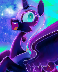 Size: 800x1000 | Tagged: safe, artist:ryuredwings, nightmare moon, alicorn, pony, g4, color porn, ethereal mane, eyestrain warning, female, helmet, mare, open mouth, signature, smiling