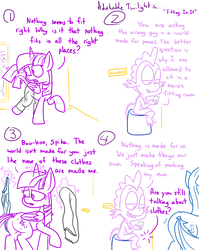 Size: 4779x6013 | Tagged: safe, artist:adorkabletwilightandfriends, minuette, spike, twilight sparkle, alicorn, dragon, pony, unicorn, comic:adorkable twilight and friends, g4, absurd resolution, adorkable twilight, adorkable twilight & friends, butt, cellphone, clothes, comic, discussion, dressing room, eyes on the prize, faceful of ass, fitting room, glowing, glowing horn, hidden message, horn, humor, jeans, lineart, looking at butt, magic, magic aura, mirror, pants, phone, plot, slice of life, smartphone, tail, telekinesis, twilight sparkle (alicorn)