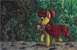 Size: 800x525 | Tagged: safe, artist:dany-the-hell-fox, apple bloom, earth pony, pony, timber wolf, g4, basket, cape, clothes, female, filly, forest, little red riding hood, mare, mouth hold, profile, red cape, smiling, solo, traditional art, walking