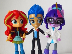 Size: 1440x1080 | Tagged: safe, artist:whatthehell!?, flash sentry, sci-twi, sunset shimmer, twilight sparkle, equestria girls, g4, boots, clothes, doll, dress, equestria girls minis, female, irl, jacket, male, pair, pencil, photo, sciflashimmer, ship:flashimmer, ship:flashlight, ship:sci-flash, shipping, shoes, straight, toy, tuxedo
