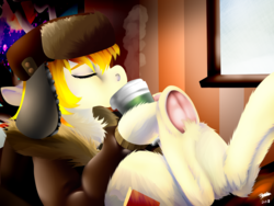 Size: 1600x1200 | Tagged: safe, artist:brainiac, march gustysnows, earth pony, pony, g4, chest fluff, clothes, coffee, drinking, ear fluff, eyes closed, female, floppy ears, frog (hoof), hat, jacket, mare, solo, underhoof, winter outfit