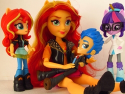 Size: 1400x1050 | Tagged: safe, artist:whatthehell!?, flash sentry, sci-twi, sunset shimmer, twilight sparkle, equestria girls, g4, boots, clothes, doll, dress, equestria girls minis, irl, jacket, pair, pencil, photo, shoes, toy, tuxedo