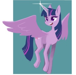Size: 874x855 | Tagged: safe, artist:saladbomb, twilight sparkle, alicorn, pony, g4, female, glowing horn, green background, horn, mare, simple background, smiling, solo, spread wings, twilight sparkle (alicorn), wings
